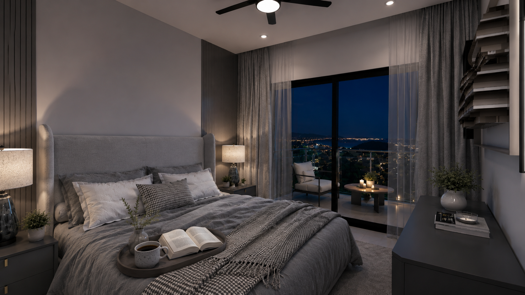 The Summit penthouse master bedroom, night